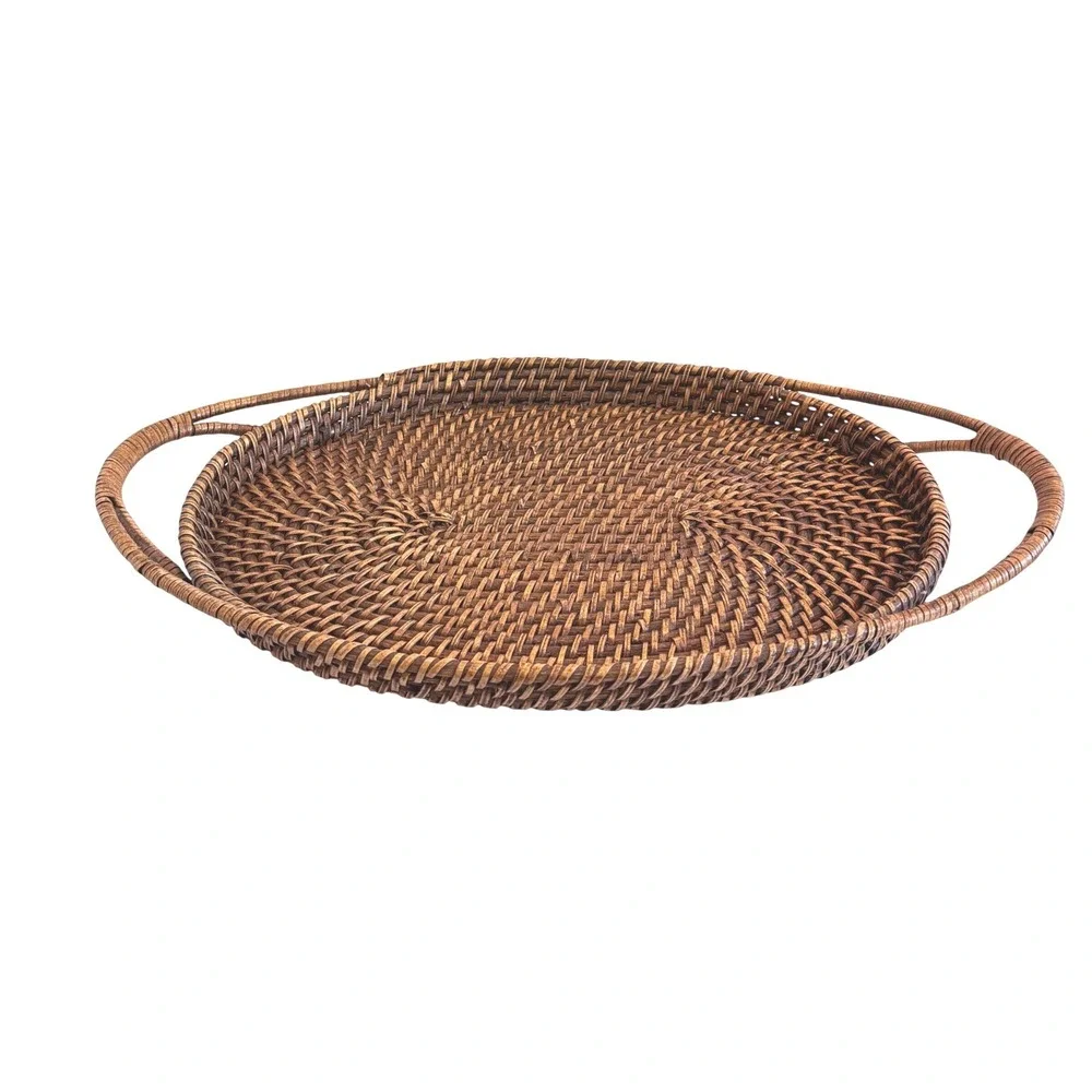 Vintage Woven Rattan Oval Serving Tray Handles Wicker Large 23